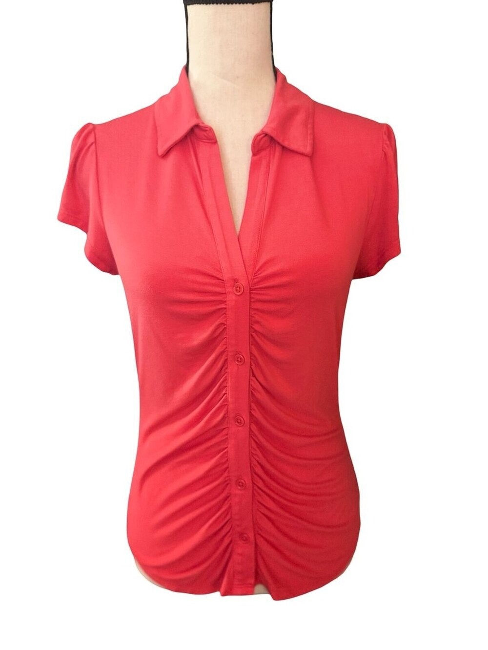 Sanctuary Dream Ruched Button Up Top Women’s M Coral Melon Stretch Shirt